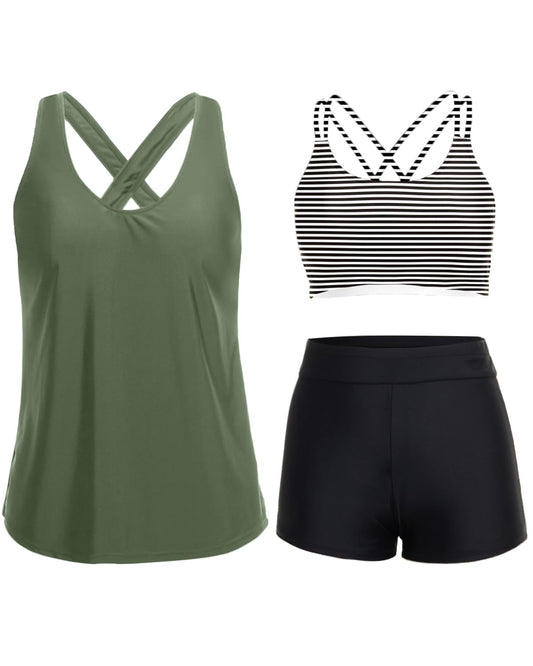 Holipick Black Striped 3 Piece Tankini Swimsuits for Women Tummy Control Bathing Suits Swim Tank Top with Bra Boy Shorts Teen Swimwear M