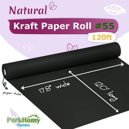 PerkHomy 17.8" x 1,440" (120') Black Kraft Paper Roll for Craft Bulletin Board Paper Art Table Covering Crafting Gift Wrapping Bouquet Packing Parcel 80GSM 55LB (Black, 17.8" x 120')