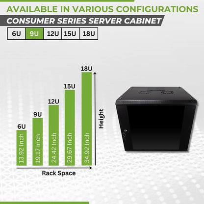 NavePoint 9U Server Rack Enclosure with Glass Door, Cooling Fan, Locks, & Removable Side Panels - 9U Wall Mount Network Cabinet 19 Inch Rack 17.7 Inches Deep