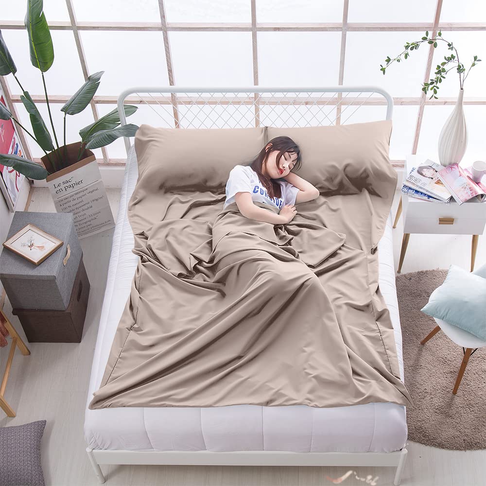 MongByYa Sleeping Bag Liner Lightweight Compact Sleeping Bag Sack Portable Clean Travel Sheet Camping Sleep Sheet for Backpacking Hotel Hiking (Light Khaki, 82.7” X 70.9”)