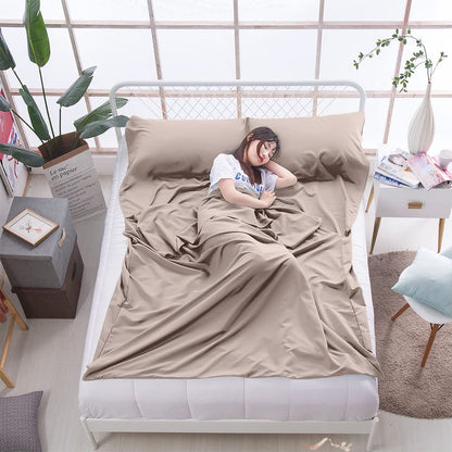 MongByYa Sleeping Bag Liner Lightweight Compact Sleeping Bag Sack Portable Clean Travel Sheet Camping Sleep Sheet for Backpacking Hotel Hiking (Light Khaki, 82.7” X 70.9”)