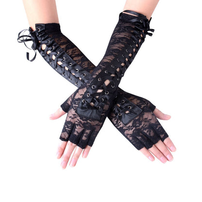 JISEN Women Nylon Elbow Lace-up Fashion Costume Gloves Black 14 inch