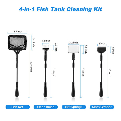 hygger Small Fish Tank Cleaner, Aquarium Cleaning Tools Kit with Handle, Seaweed Scraper, Fishing Net, Sponge Brush,Wall Brush (S)