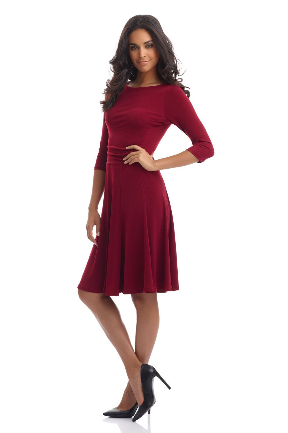 Rekucci Women's Flippy Fit N' Flare Dress with 3/4 Sleeves (6, Burgundy)