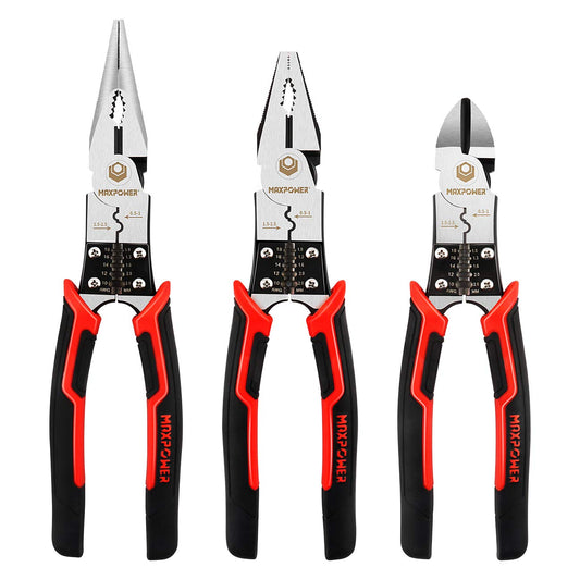 MAXPOWER 3-in-1 Multifunctional Pliers Set, Wire Stripper, Crimper, Cutter, Long Nose Pliers, Diagonal Side Cutters, Linesman Plier - 8 inch