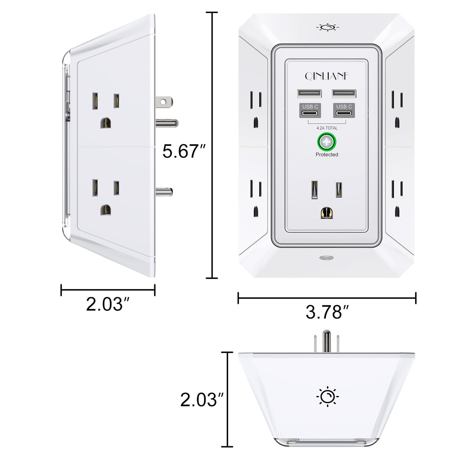 3-Sided Outlet Extender with Night Light - QINLIANF Multi Plug Outlet with 5 Outlets and 4 USB Ports(2 USB-C), USB Wall Charger for Home, Office, Travel, ETL Listed, White