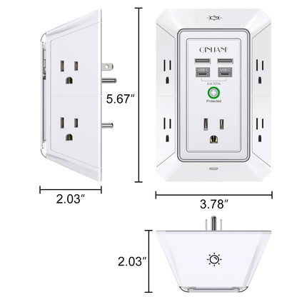 3-Sided Outlet Extender with Night Light - QINLIANF Multi Plug Outlet with 5 Outlets and 4 USB Ports(2 USB-C), USB Wall Charger for Home, Office, Travel, ETL Listed, White