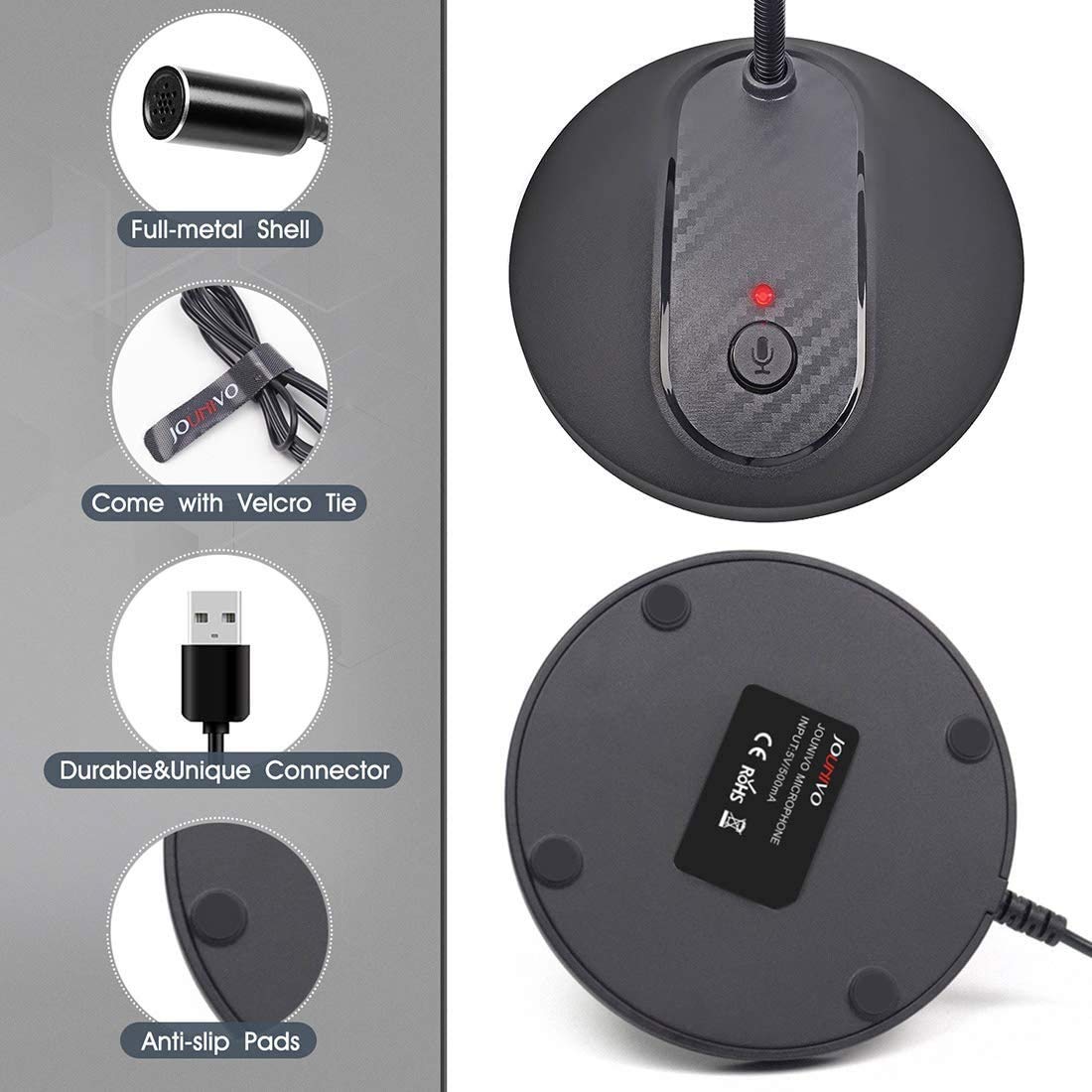 JOUNIVO USB Microphone, 360 Degree Adjustable Gooseneck Design, Mute Button & LED Indicator, Noise-Canceling Technology, Plug & Play, Compatible with Windows & MacOS