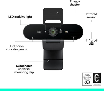 Logitech Brio 4K Webcam, Video Calling, Noise-Cancelling mic, HD Auto Light Correction, Wide Field of View, Works with Microsoft Teams, Zoom, Google Voice, Google Meet, PC/Mac/Laptop/MacBook/Tablet