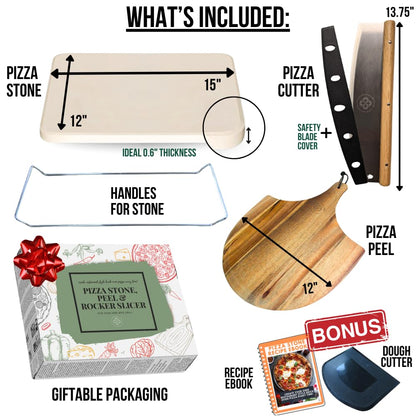 Pizza Stone for Oven and Grill Set - 5PCS Pizza Making Accessories Kit - 15 inch Pizza Stone with Handles, Pizza Peel, Pizza Cutter, Dough Tool - Baking Stone for Bread - Large Rectangular Oven Stones