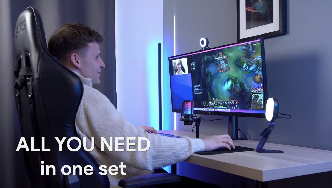 Live Streaming Kit- Perfect for Streaming Video Games on Twitch, YouTube, Podcasts and Working from Home. includes 1920x1080p Webcam, Professional USB Microphone, and One LED Multi-Color Light