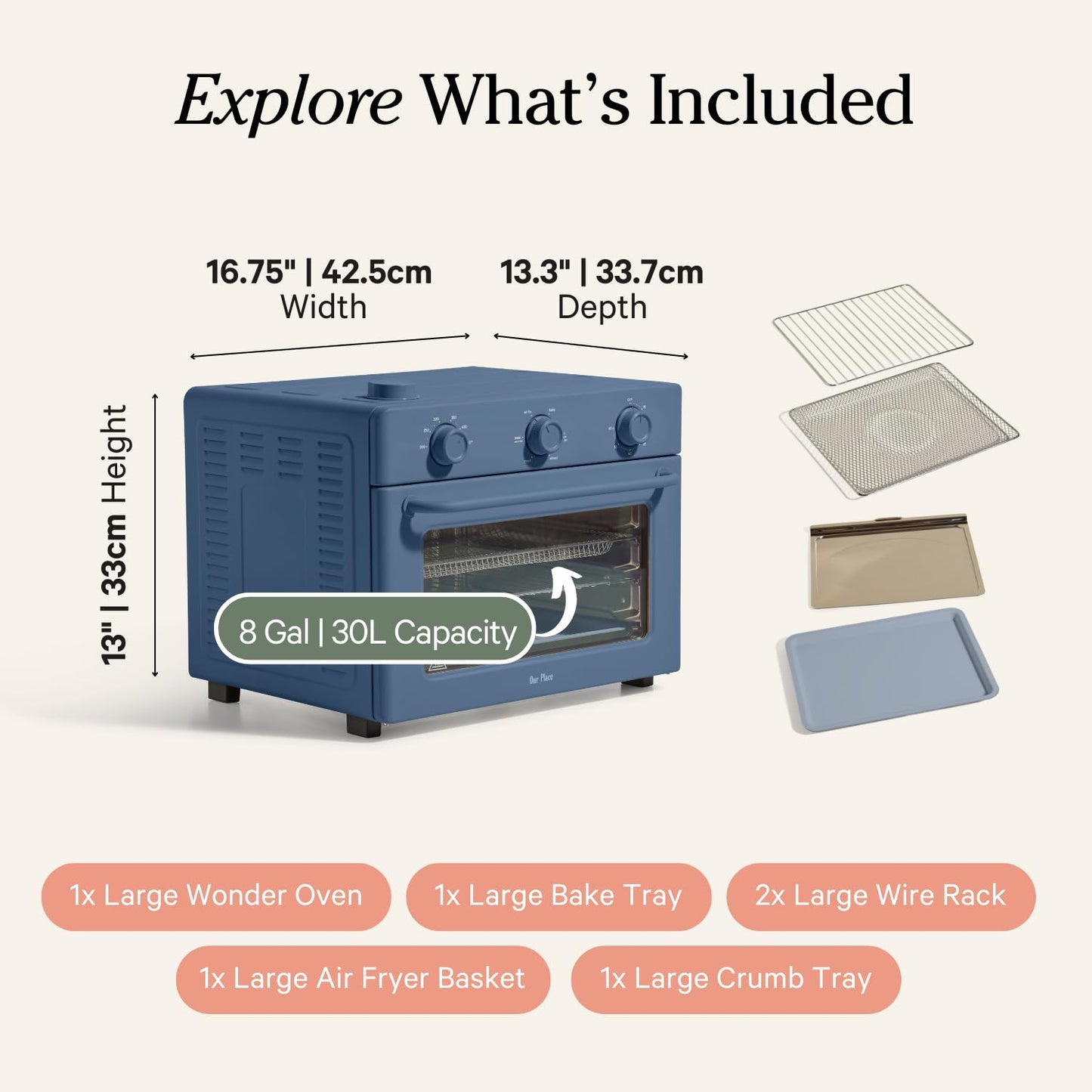 Our Place Large Wonder Oven | 6-In-1 Toxin-Free Air Fryer & Toaster with Steam Infusion | Family-Sized 32QT, 1700W Countertop Design | Includes Bake Tray, Fryer Basket, Large Racks | Blue Salt