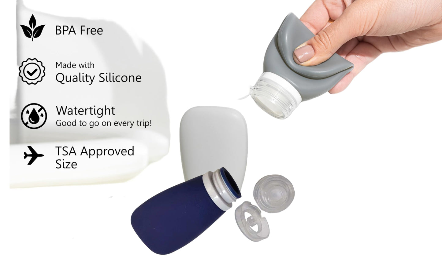 LYOB Travel Bottles for Toiletries, TSA Approved 3oz Leak Proof Silicone Refillable Squeeze Travel Size Containers BPA Free for Cleansers, Lotions, Shampoo 3-pk (Black-Gray-White)