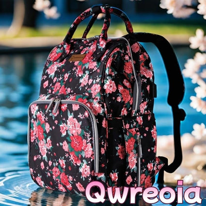 QWREOIA Floral Diaper Bag Backpack with USB Charging Port Stroller Straps and Insulated Pocket, Travel Bag Nappy Backpack For Women/Mum (Red Flower Pattern)