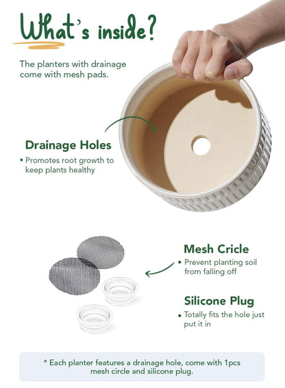 LE TAUCI Succulent Planters, 6.5+8 Inch Ceramic Indoor Plant Pot with Drainage Hole, Shallow Round Succulent Pots, Set of 2, Reactive Glaze White