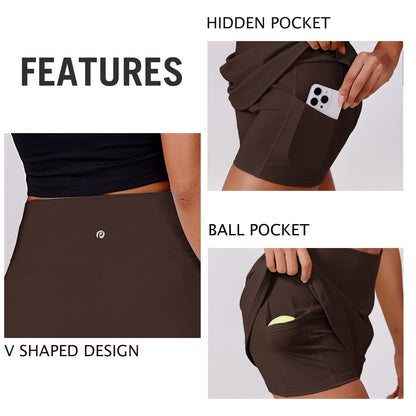 PINSPARK Skorts for Woman Stretchy Tennis Skirts Built-in Shorts Workout Skort Skirts Lightweight Golf Skort Activewear, Espresso Brown Small