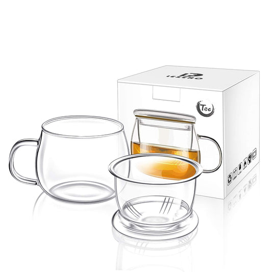 Lezero 13oz Tea Infuser Cups Kits, Glass Mugs with Filter Basket and Lid for Loose leaf Tea Brewing, Heat Resistant, Lead-free, Microwave & Dishwasher Safe