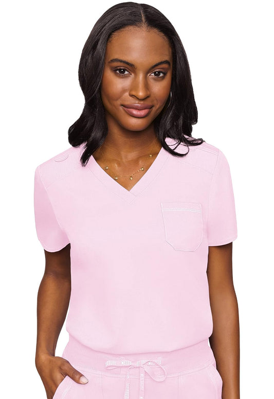 Med Couture Women's V-Neck Scrub Top, Modern Fit Tuck-in Top with Stretchy Rib-Knit Shoulders and Chest Pocket - MC7448, XS, Ice Pink