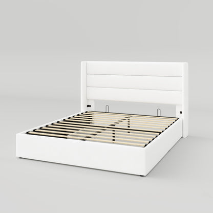 Allewie Full Size Velvet Lift Up Storage Bed, Modern Wingback Headboard, Hydraulic Support, No Box Spring Needed, White