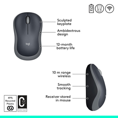 Logitech M185 Wireless Mouse, 2.4GHz with USB Mini Receiver, 12-Month Battery Life, 1000 DPI Optical Tracking, Ambidextrous PC/Mac/Laptop - Swift Grey