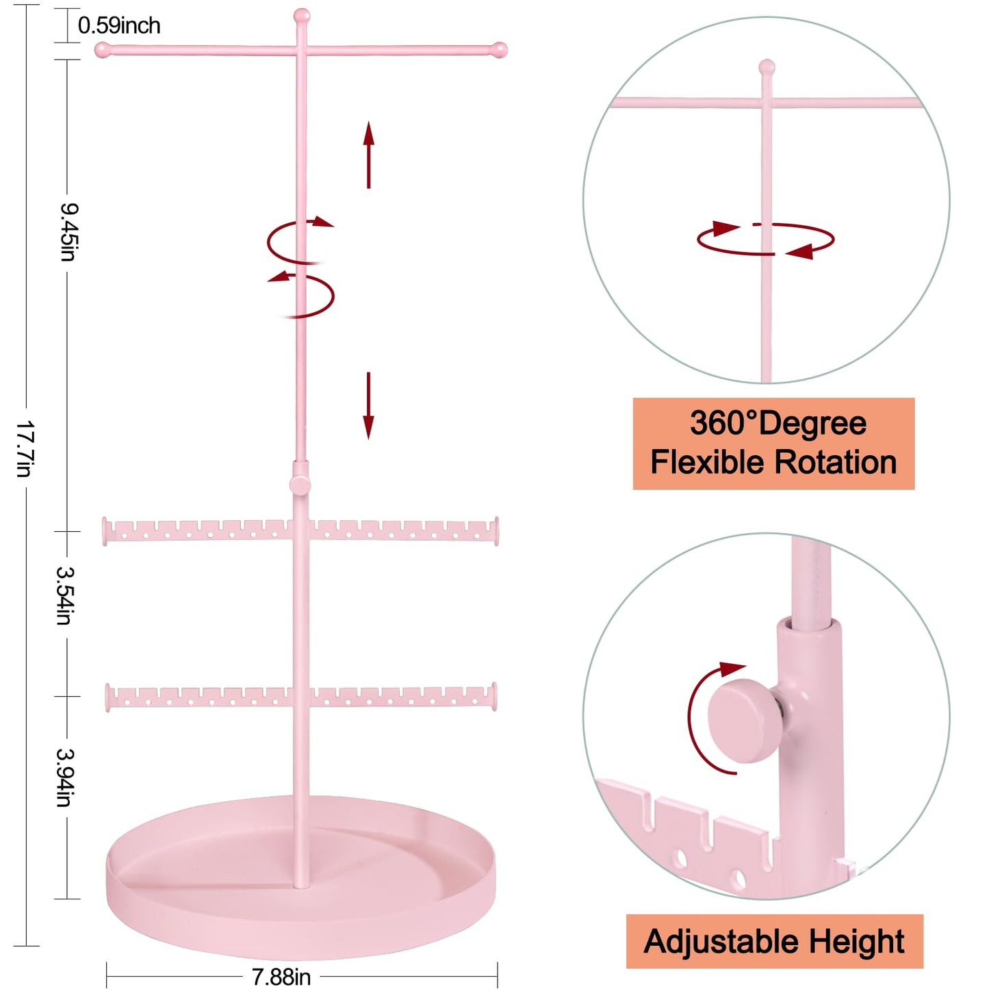 Jenseits Jewelry Holder Organizer Stand, 3 Tier Necklace Organizer Earring Holder Tree, Adjustable Height Jewelry Display Towers, Long Necklaces Bracelets Jewelry Storage Rack Gift For Women, Girls