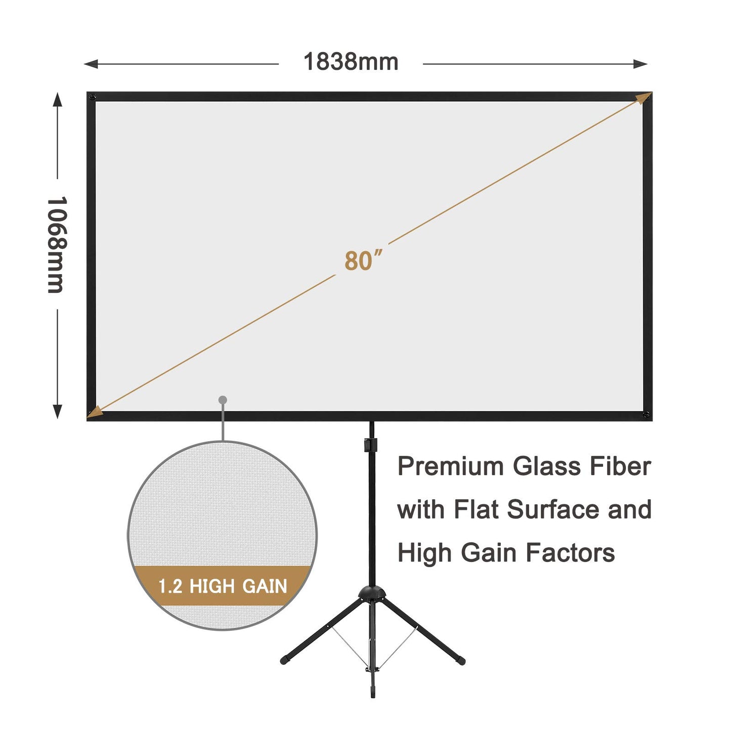 Portable Projector Screen with Stand, Outdoor Movie Screen, 80 Inch 16:9, Light-Weight, Mobile and Compact, Easy Setup and Carrying, Projection Screen with 1.2 Gain Glass Fiber, Idea for Home Cinema.