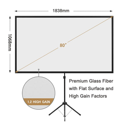 Portable Projector Screen with Stand, Outdoor Movie Screen, 80 Inch 16:9, Light-Weight, Mobile and Compact, Easy Setup and Carrying, Projection Screen with 1.2 Gain Glass Fiber, Idea for Home Cinema.