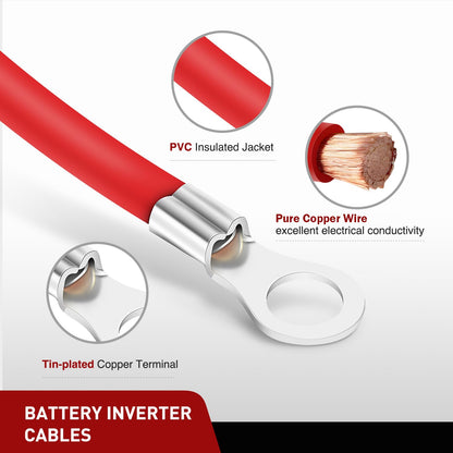 Nilight 6 AWG 20 Inch Each Battery Power Inverter Cables w/Tinned Wire Terminals Red Black 3/8 Inch Lugs Copper Parallel Oxygen-Free Wires for Solar Motorcycle Automotive Cars