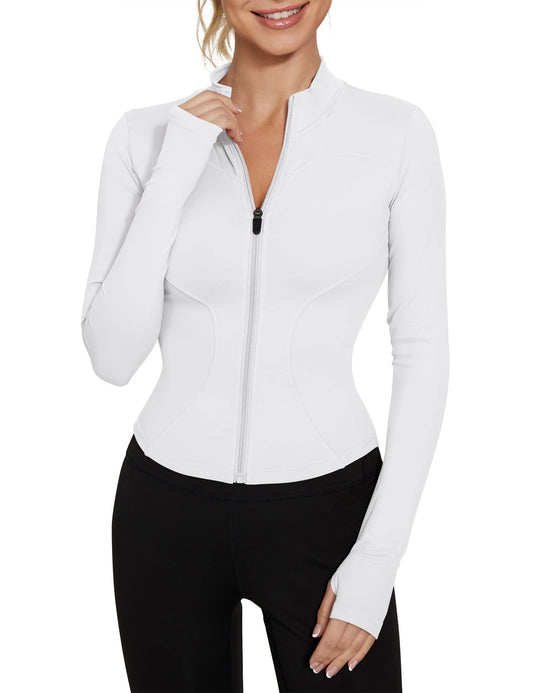 LUYAA White Zip Up Jackets for Women Athletic Workout Track Jacket Gym Clothes with Thumb Holes White L