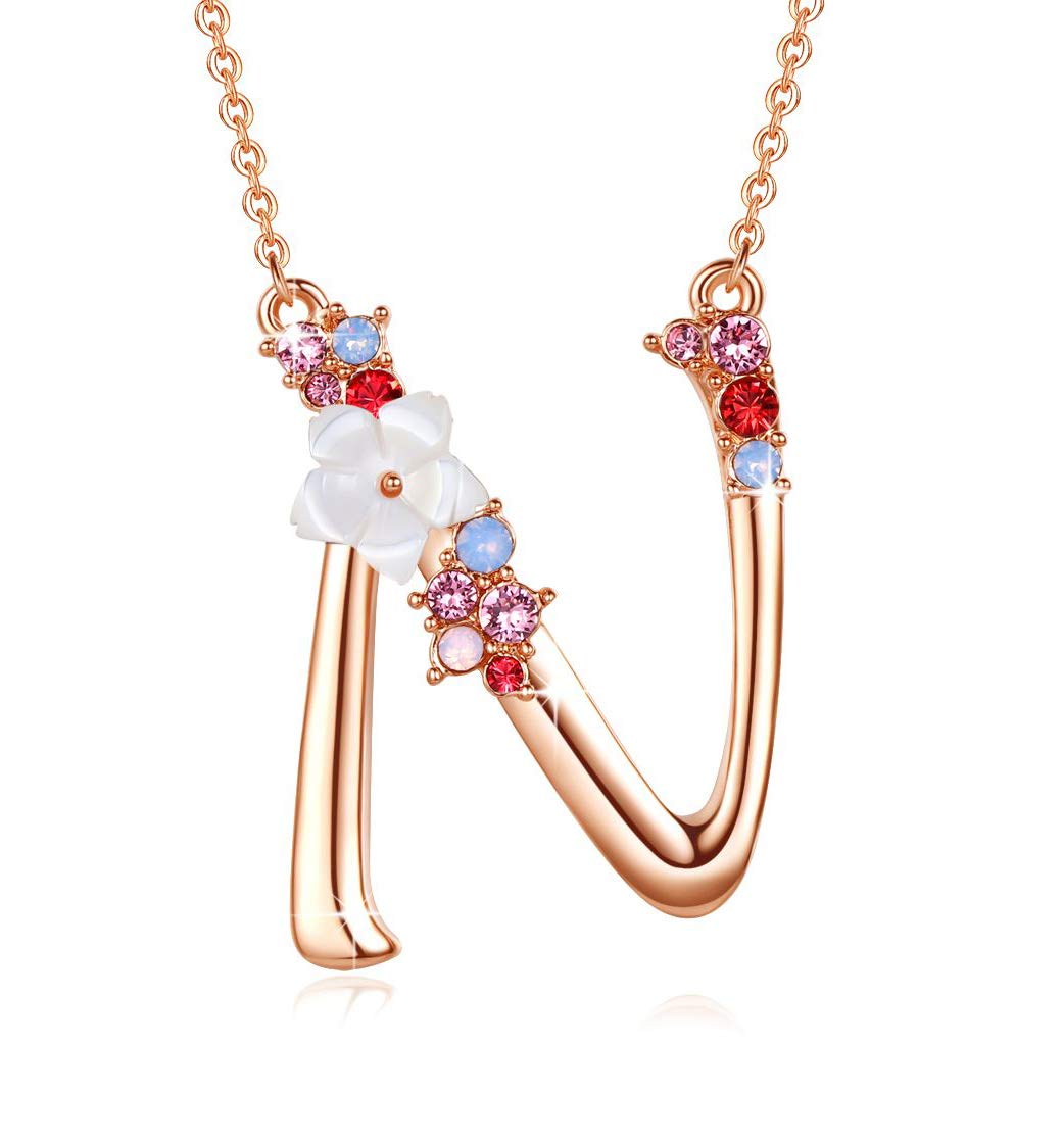 Flower Initial Letter Necklace, Pink Red Blue Simulated Pearl Pendant Name Jewelry Made with Austrian Crystals Rose Gold Plated Anniversary Birthday Gifts for Women,18"+2" (N)
