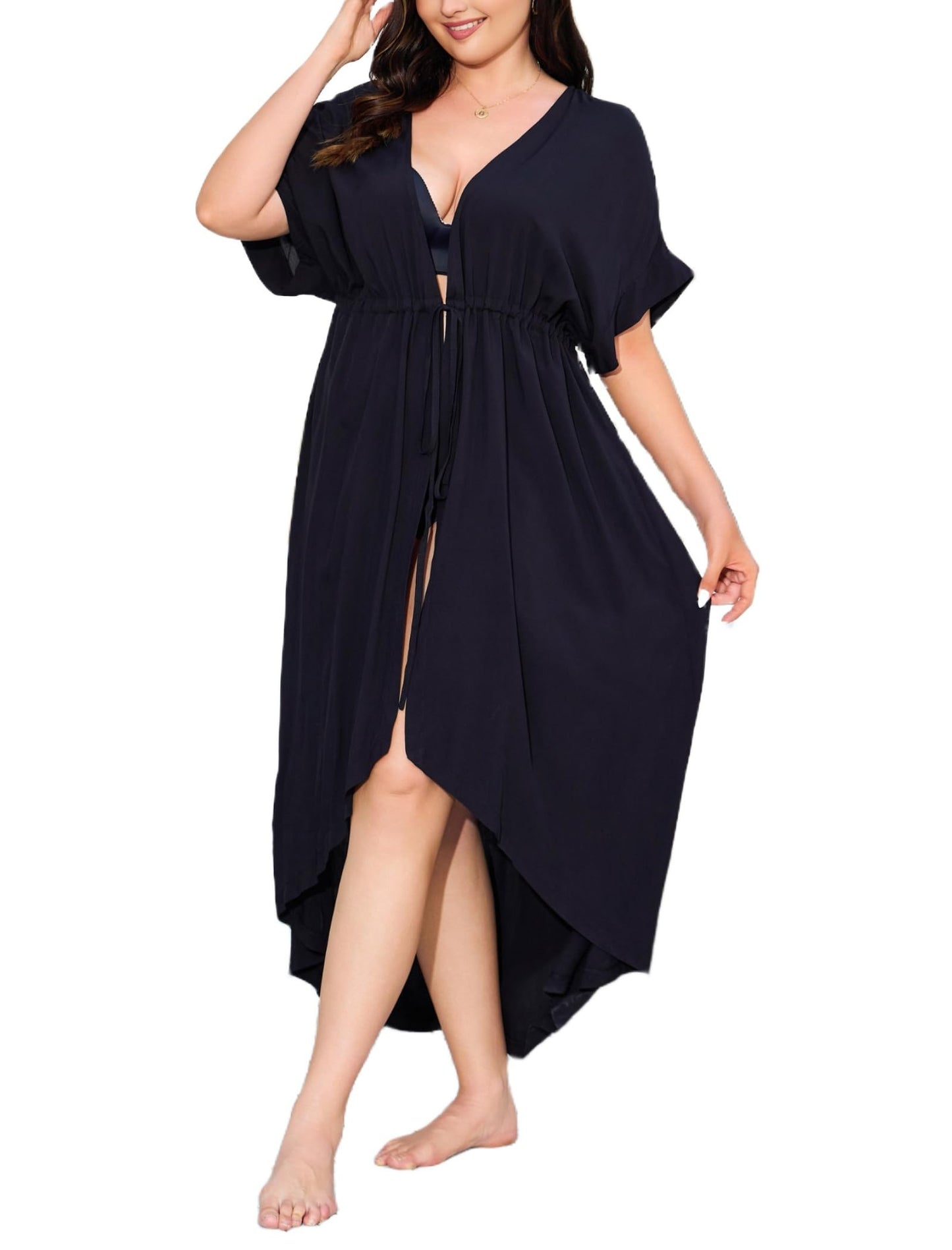 IN'VOLAND Women Plus Size Long Cover up Stripe Bikini Coverups Kimono Tie Front Bathing Suit Swimsuit Beachwear, Black, 22W