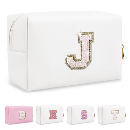Personalized Initial A-Z Preppy Patch Makeup Bag, Small White PU Leather Cute Glitter Letter Cosmetic Bag with Zipper, Monogram Travel Toiletry Organizer Makeup Case Christmas Gifts for Women Girls,J