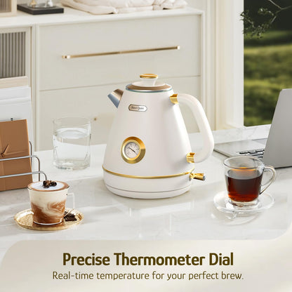 Hazel Quinn Retro Electric Kettle - 1.7 Liters / 57.5 Ounces Tea Kettle with Thermometer, All Stainless Steel, 1200 Watts Fast Boiling, BPA-free, Cordless, Automatic Shut Off - Pearl White