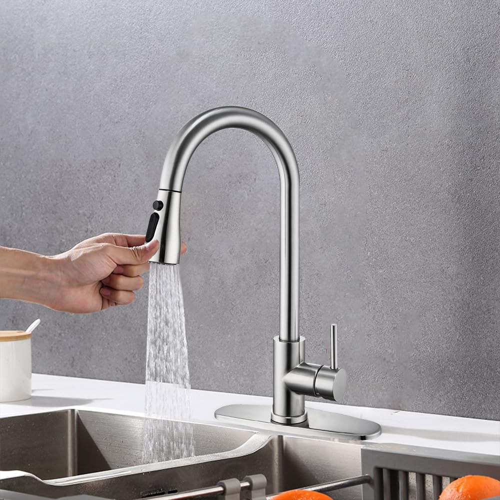 HPUFKOT Kitchen Faucet with Pull Down Sprayer Multitask Mode Single Handle High Arc Pull Out Kitchen Sink Faucet Offers Efficient Cleaning for RV (Silver)