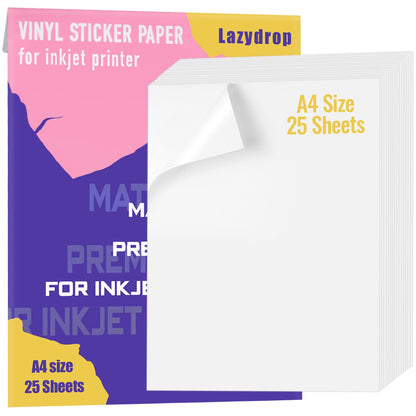 Lazydrop Premium Printable Vinyl Sticker Paper for Inkjet Printer - 25 Matte White Waterproof Decal Paper Sheets - Dries Quickly and Holds Ink Beautifully