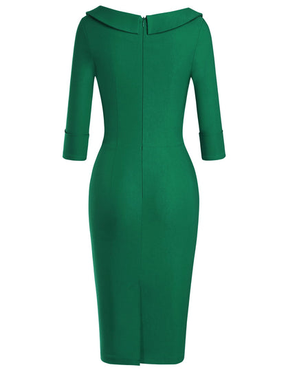 MUXXN Women's Fashion Square Neck 3/4 Sleeve Stretch Fit Vintage Wedding Midi Dress (Green XL)