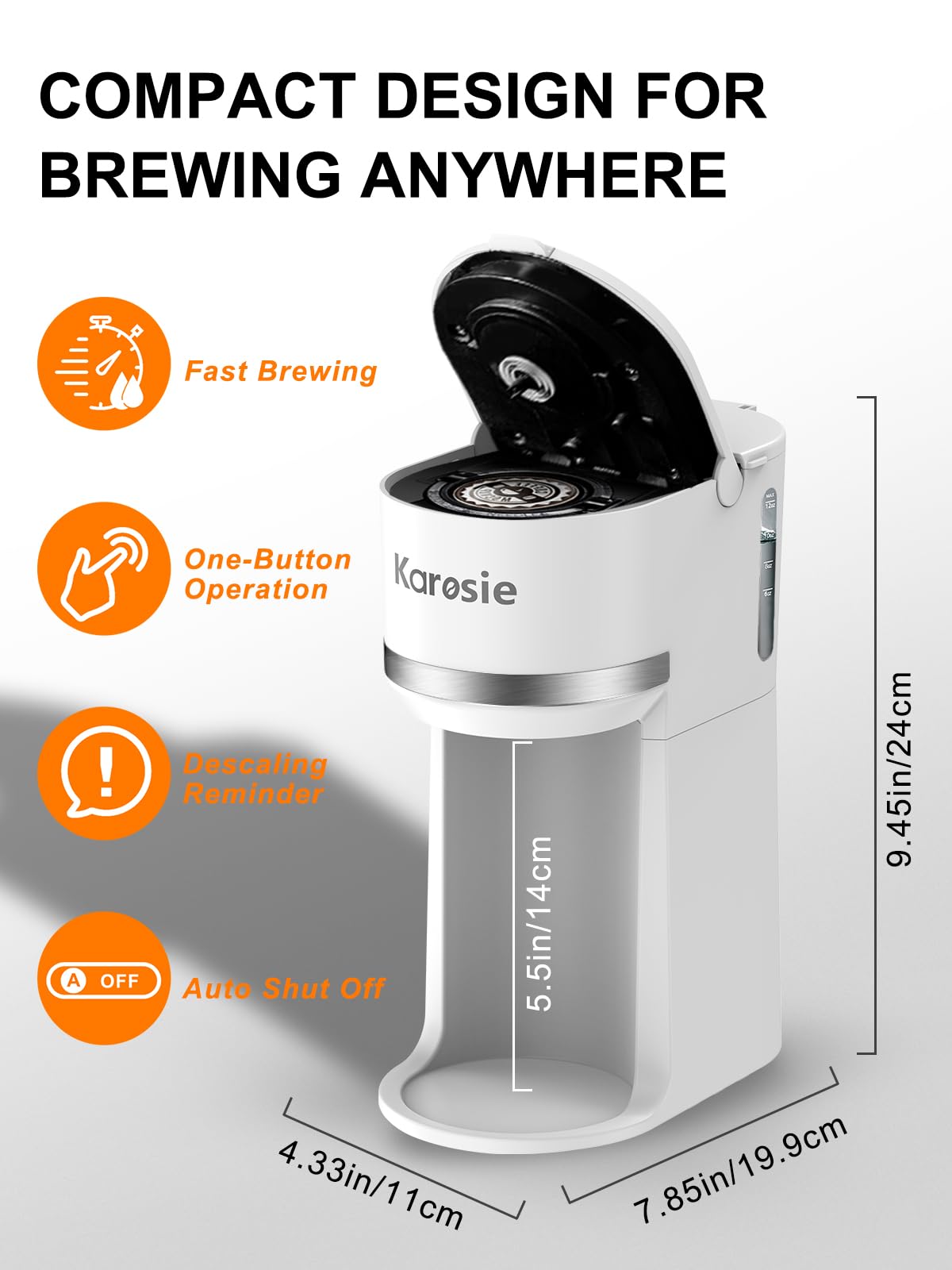 Karosie Single Serve Coffee Maker for K-Cup and Ground Coffee, Fast Brew, 6-12 oz Brew Sizes One Cup Coffee Machine Fits 5.5" Mugs, One-Button Small Coffee Maker with Descaling Reminder,White