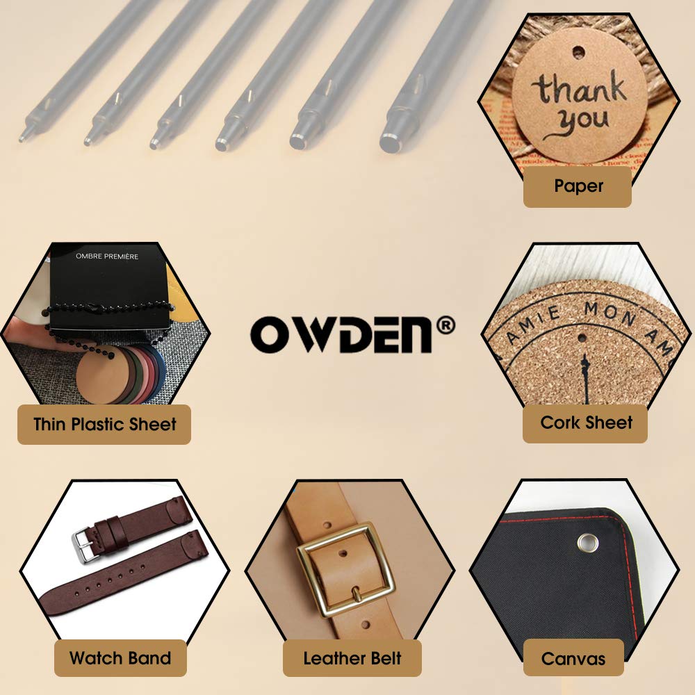 OWDEN Professional 6pc Leather Hollow Punch Set, Size 1.0-5.0mm, Black, Steel, Manual, 6 Holes, Free Mini Cutting Mat