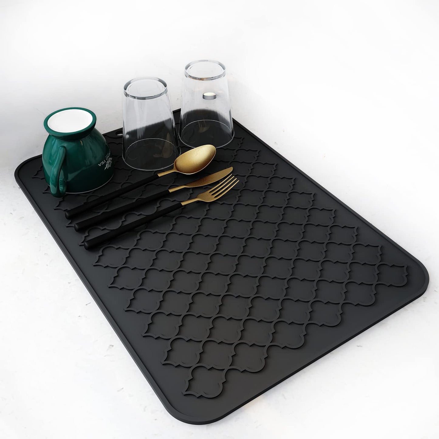 AMOAMI-Dish Drying Mat - Silicone Drying Pad - Heat Resistant - Kitchen Gadget - Black (12" x 16)