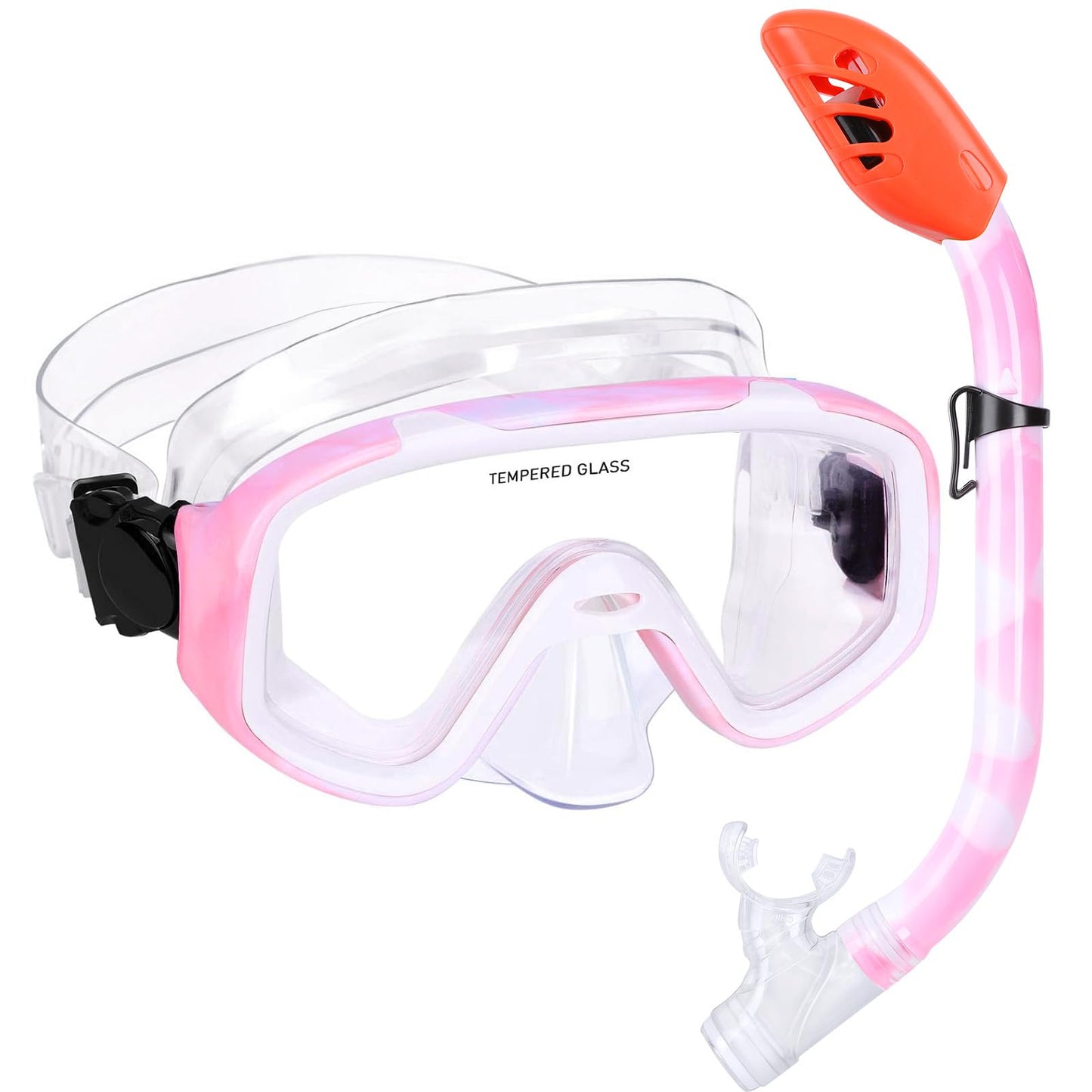 Kids Snorkel Set, Children Anti-Fog Diving Mask Swimming Goggles Full Dry Top Snorkel Equipment Snorkeling Packages Swimming Gear for Youth Boys Girls Age 5-10 (Pink White)