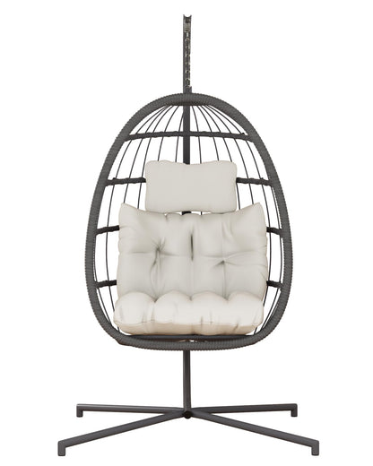 HWB Hanging Egg Chair with Stand, Patio Wicker Hammock Egg Swing Chair with Cushion for Bedroom Garden Indoor Outdoor (Beige)