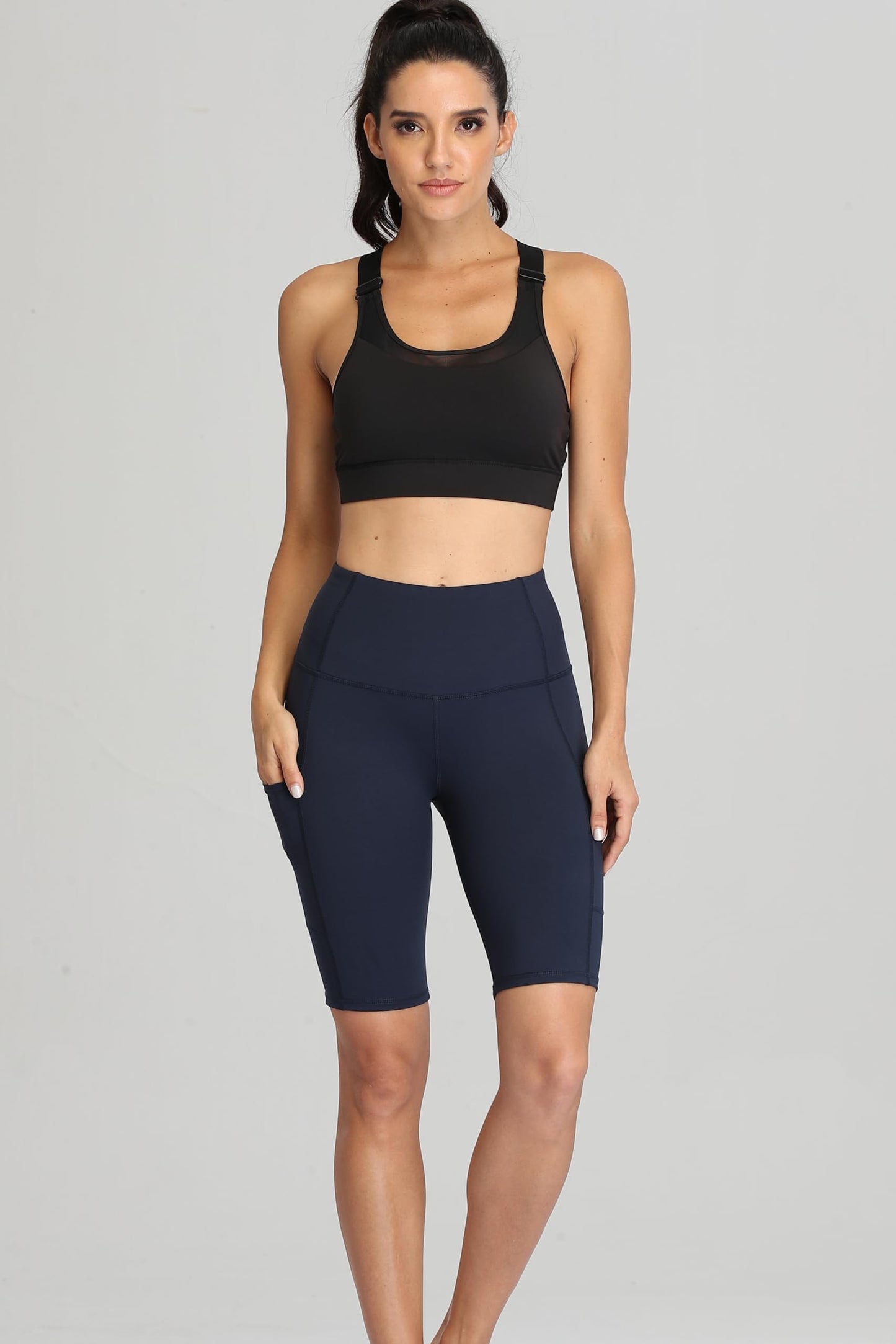 Oalka Women's Short Yoga Side Pockets High Waist Workout Running Shorts Navy Blue XXL