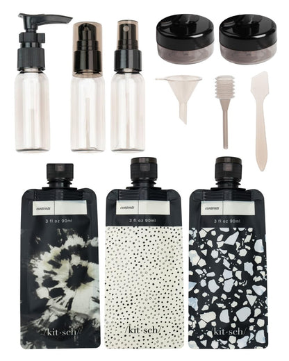 Kitsch 11 PCS Travel Bottles for Toiletries – Travel Essentials Kit for Shampoo, Conditioner, Lotion & More - TSA Approved Travel Bottles, Leak-Proof Refillable Travel Size Containers - Black & Ivory