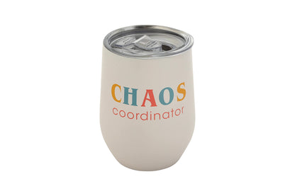 Pearhead Chaos Coordinator Stainless Steel Wine Tumbler with Press-In and Slide Locking Lid, Mother’s Day Stemless Wine Glass Tumbler Mug, New Mom Accessory, 12oz