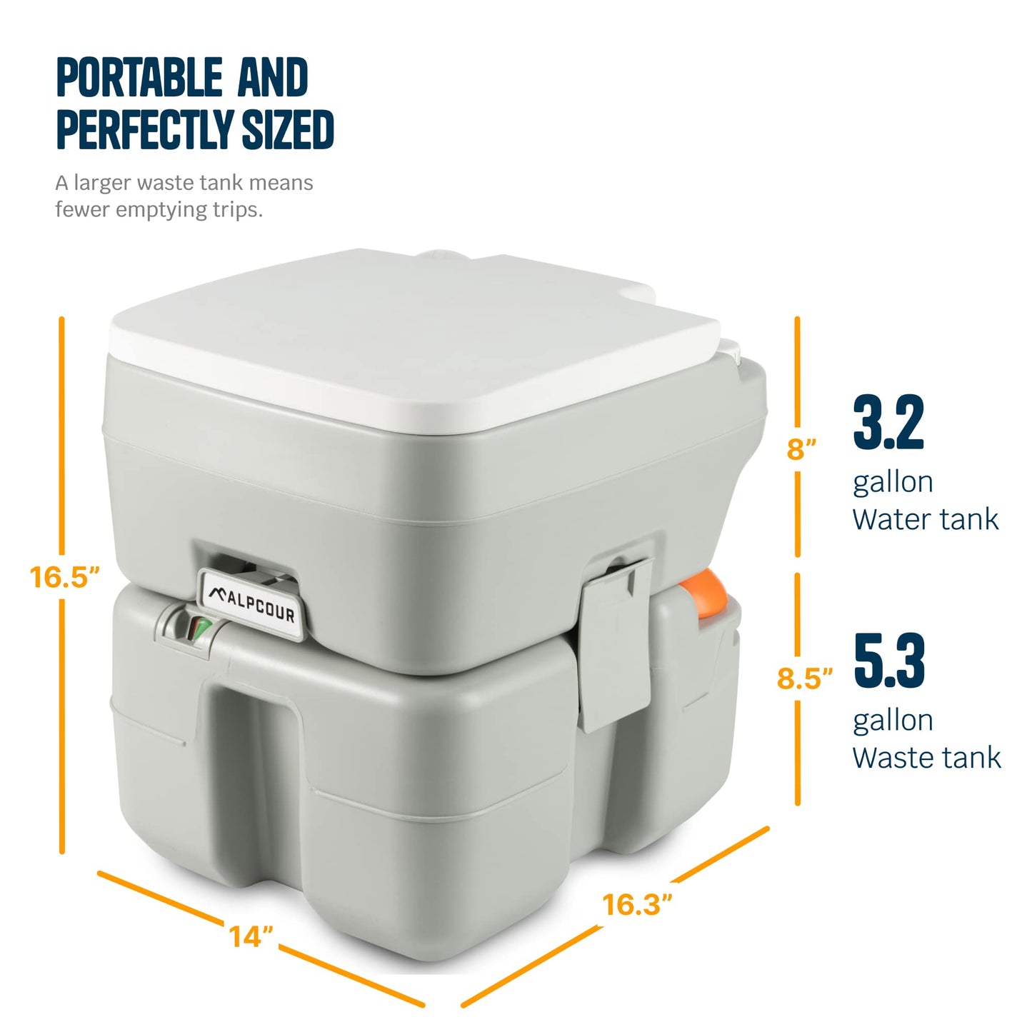 Alpcour Portable Toilet – Compact Indoor & Outdoor Commode w/Travel Bag for Camping, RV, Boat – Piston Pump Flush, 5.3 Gallon Waste Tank, Built-In Pour Spout & Washing Sprayer for Easy Cleaning