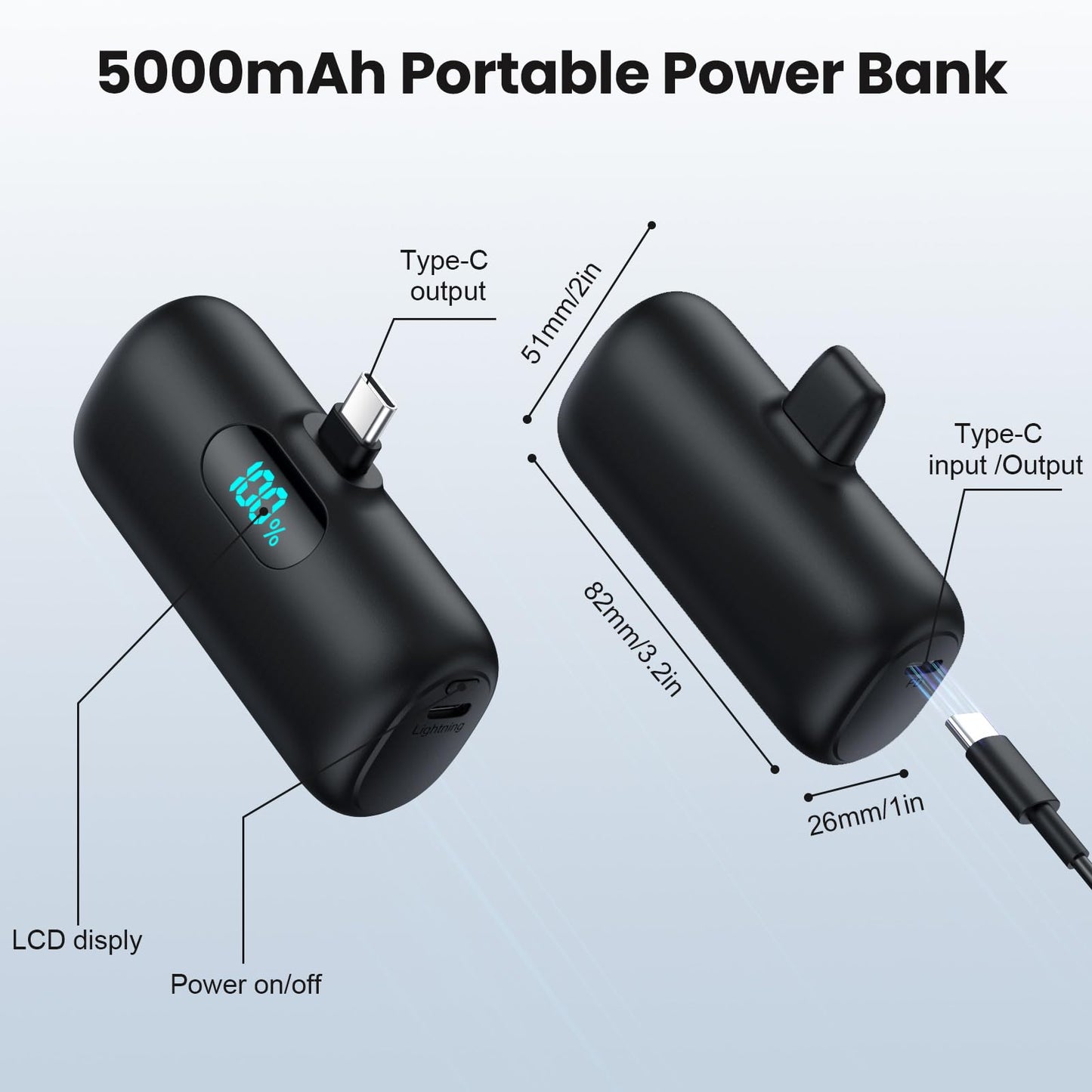 Mini Portable Charger USB C Power Bank,Upgraded 5000mAh PD Fast Charging Battery Pack Built-in USB-C Connector,LCD Display,Compatible with iPhone16,16 Plus,16Pro/Max/15,iPad Pro/Air,Android Phone etc