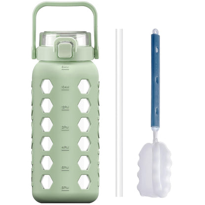 MUKOKO Half Gallon/64 oz Glass Water Bottles with Straw and Lid,Motivational Water Jug with Time Marker Reminder and Silicone Sleeve,100% Leakproof BPA Free Fitness Sports Large Bottle-Green