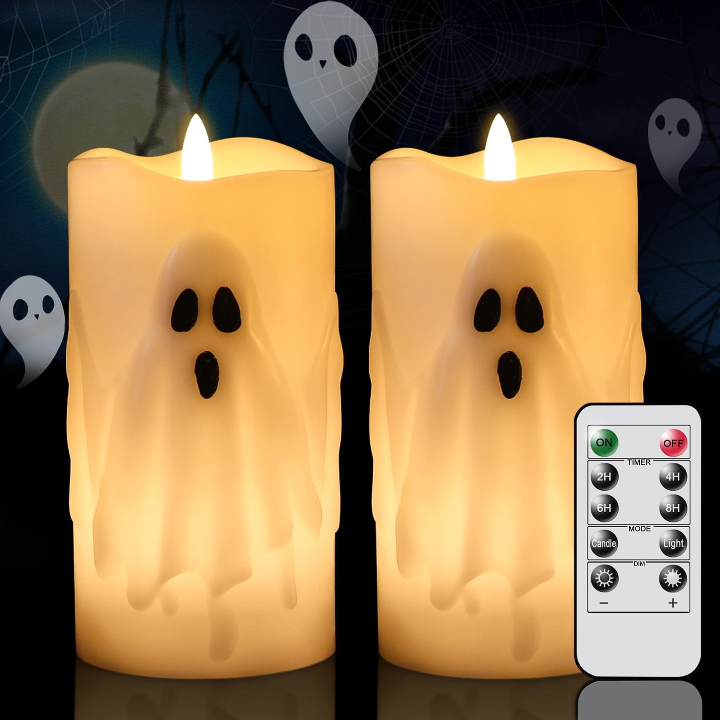 Lasumora Halloween Ghost Flameless Pillar Candles with Remote Timer, Battery Operated LED Candles for Halloween Decorations Indoor Halloween Home Decor Gifts (2 Pack, 3” x 6.5”)