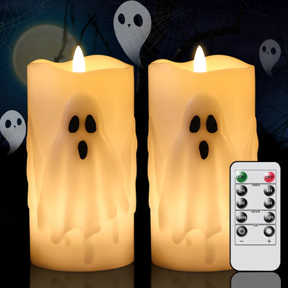 Lasumora Halloween Ghost Flameless Pillar Candles with Remote Timer, Battery Operated LED Candles for Halloween Decorations Indoor Halloween Home Decor Gifts (2 Pack, 3” x 6.5”)