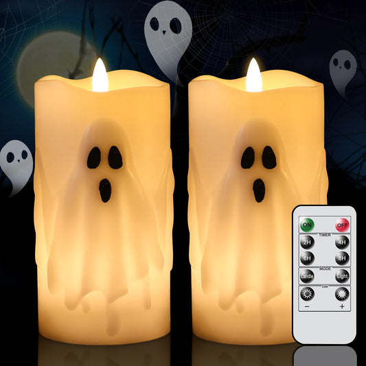 Lasumora Halloween Ghost Flameless Pillar Candles with Remote Timer, Battery Operated LED Candles for Halloween Decorations Indoor Halloween Home Decor Gifts (2 Pack, 3” x 6.5”)